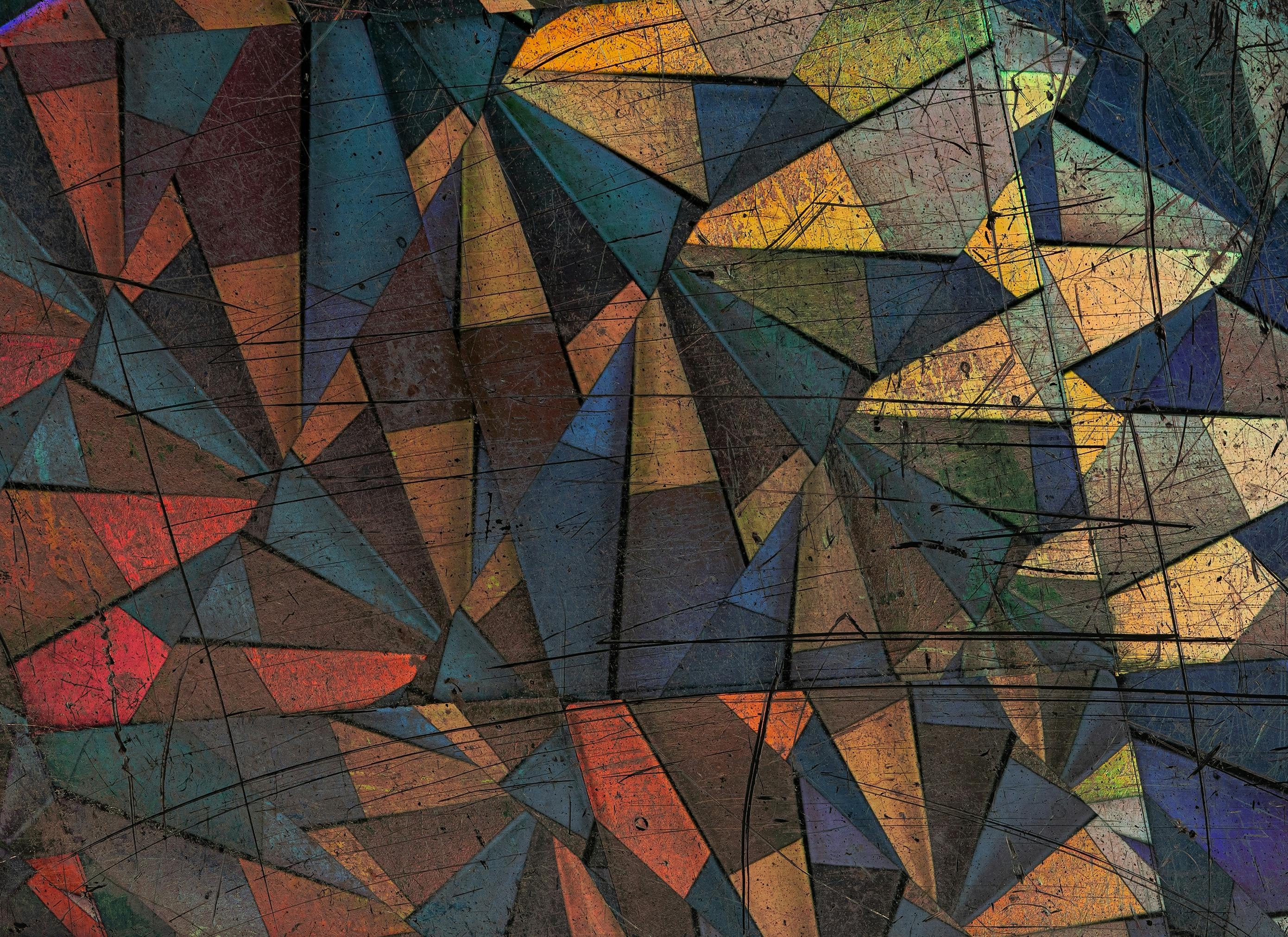 Abstract faceted mural with layered geometric planes